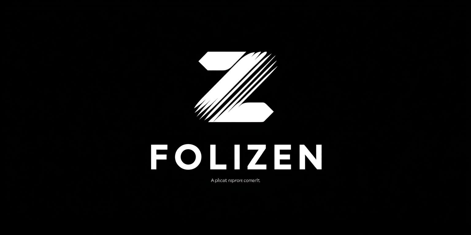 Monochrome logo "FOLIZEN" using negative space: Letter "Z" formed by intersecting strokes creating zen garden raking pattern, Adobe Clean font, tagline micro-sized (6pt) with 0.8 opacity below right aligned, pure black/white --ar 2:1 --v 7 --stylize 100 --fast --no colors