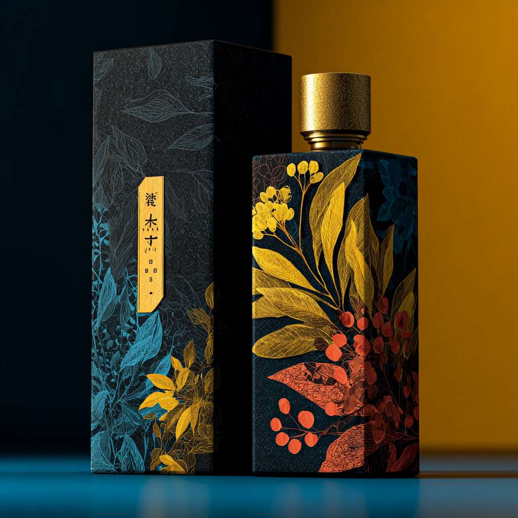 请绘制一个有磨砂质感的铁罐长方形，罐身为黑金色搭配，部分设计为黄精植物绘画图案，精美，色彩明亮，渲染为彩绘植物，颜色 灵感来源自太阳光下的植物，整体呈现质感而高档的色彩搭配。同时设计一个与罐子风格相匹配的高档质感的包装盒子，盒子大小适合放置此罐子，颜色与罐身相呼应，但适当加强质感及对比。以营造出去交感和空间感。请确保整个设计的渲染质量高，细节清晰，颜色饱满，以展示产品的高端质感。 --ar 1:1 --v 7 --stylize 100 --fast --no 水印