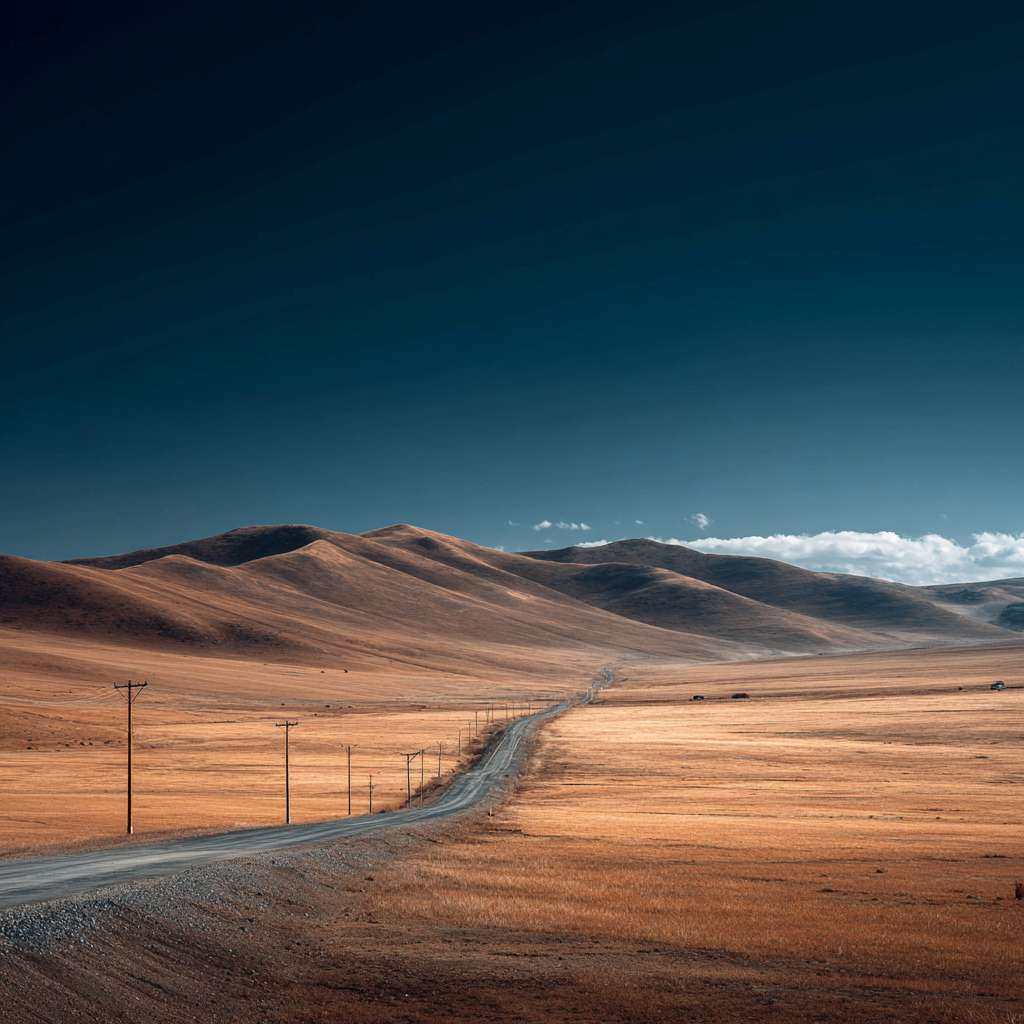 优美空旷的草原上一条公路近景45°倾斜 --ar 1:1 --v 7 --stylize 100 --fast --no 水印