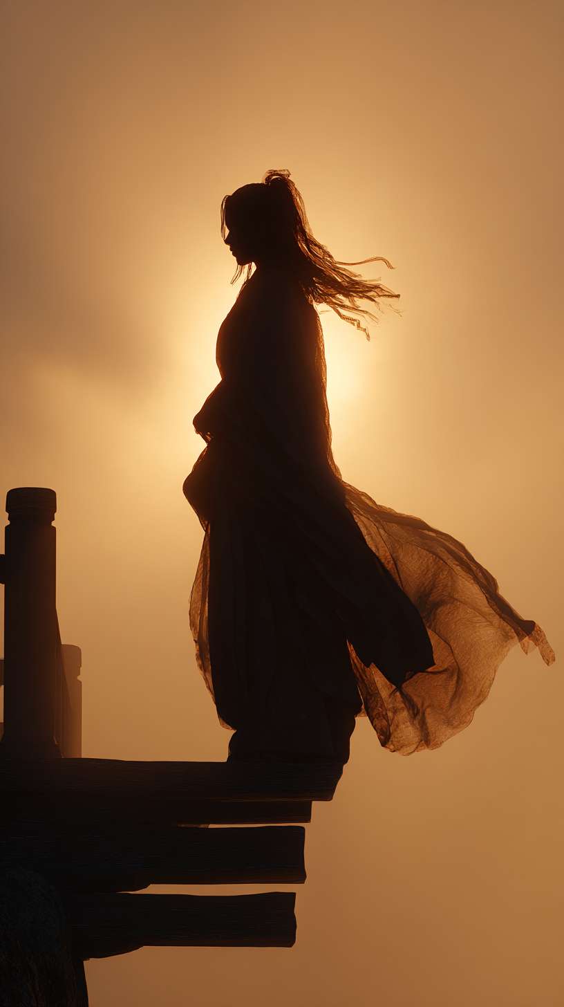 AI画面关键词:
medium shot of an ancient Chinese poet silhouette standing on a tower, looking into the distance, wind blowing his robe and hair, backlit by the setting sun, deep in thought, photorealistic, cinematic lighting, hologram effect --ar 9:16 --v 7 --stylize 100 --fast --no 水印