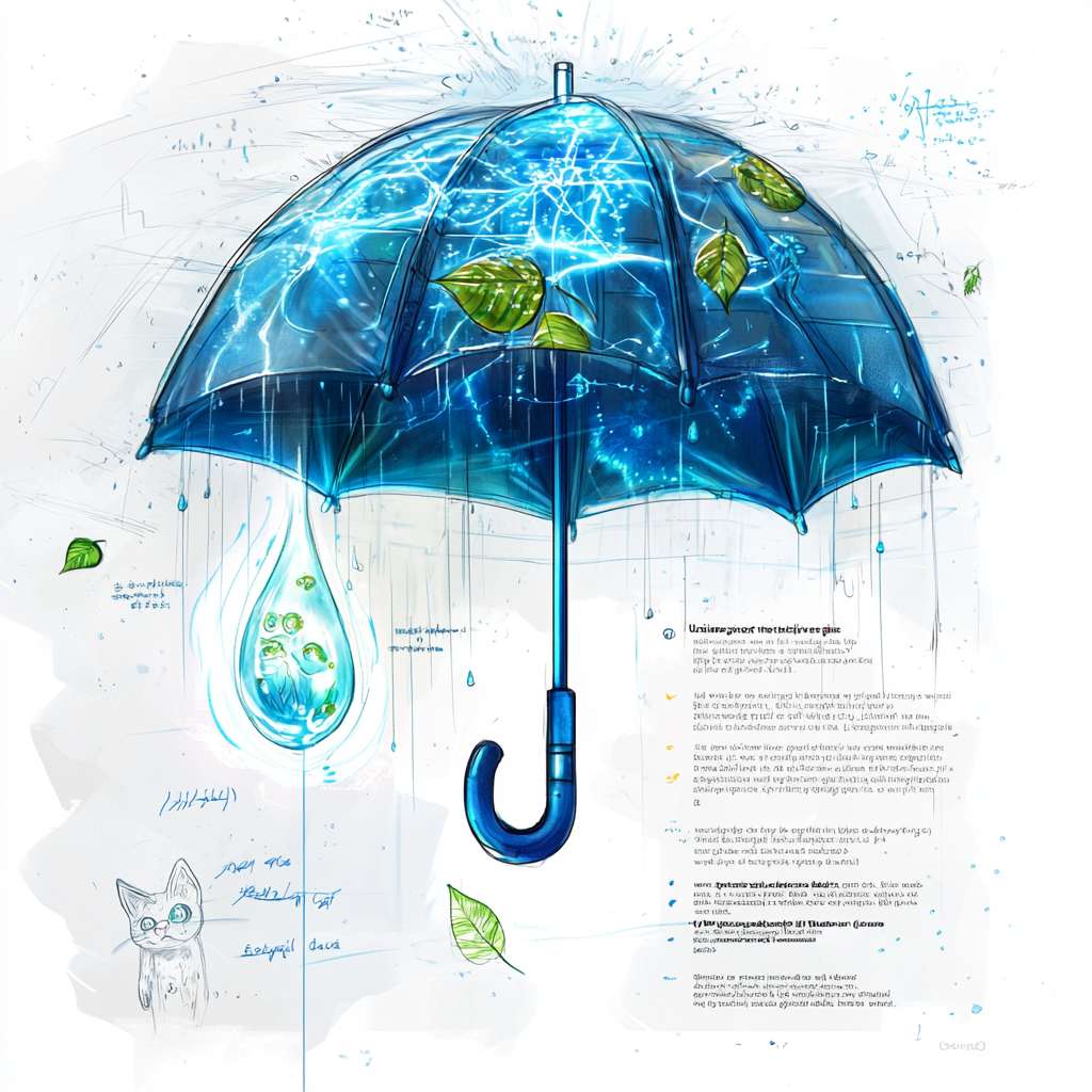 IP形象基础设定

名称：Eco-Brella（生态伞灵）
核心定位：
"用科技复绿地球的治愈系伞精灵"
——每一滴雨水，都是它唤醒的生机
三大核心卖点视觉化

    科技感

        伞面：半透明叶脉纹理，内部嵌有发光「水循环电路」（蓝色光丝模拟雨水流动）。

        伞尖：可伸缩的太阳能晶石（手绘时用几何切割表现）。
        手绘技巧：用金属色马克笔勾边，伞骨画成悬浮的磁吸模块。

    环保属性

        伞柄：发芽的再生木材造型，末端有迷你生态舱（绘入苔藓/小蘑菇）。

        伞裙：下垂的回收纤维须须，雨天会吸水膨胀变成绿色（类似「遇水开花」效果）。
        手绘技巧：用湿画法渲染伞柄木纹，水彩点染伞裙的生态变化。

    原创设计

        角色化：伞顶蹲坐一只「雨水猫」形态的守护灵（耳朵=伞扣，尾巴=伞柄）。

        彩蛋：伞内侧绘有隐形图案，遇水显现濒危动物轮廓（手绘时用UV墨水效果表现）。

手绘-friendly设计细节

    线条：外轮廓用流畅的有机曲线（参考蕨类植物），内部科技元件用硬朗的直线对比。

    配色：

        主色：电子蓝（科技）+ 芽孢绿（环保）

        点缀色：荧光橙（安全警示色，增加记忆点）

    表情：伞灵猫的瞳孔设计成水滴形，可随角度变化显示「(◕‿◕)→(◔_◔)」等表情。

应用场景延伸

    表情包：伞灵猫用伞面挡酸雨/给沙漠植物浇水。

    潮玩设计：伞柄可拆卸成小花盆，伞面折叠后变成收纳袋。

    科普联动：伞内二维码链接到「全球降雨生态数据」。 --ar 1:1 --v 6.1 --stylize 100 --fast