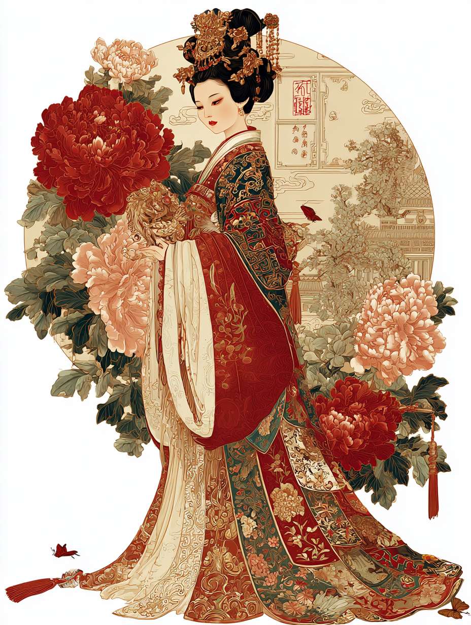 唐朝仕女, 全身像,矢量图, 牡丹花，蝴蝶，皇宫院落，极端的复杂性, 中国唐代永乐宫画, 刺绣 --ar 3:4 --v 7 --stylize 100 --fast --no 水印