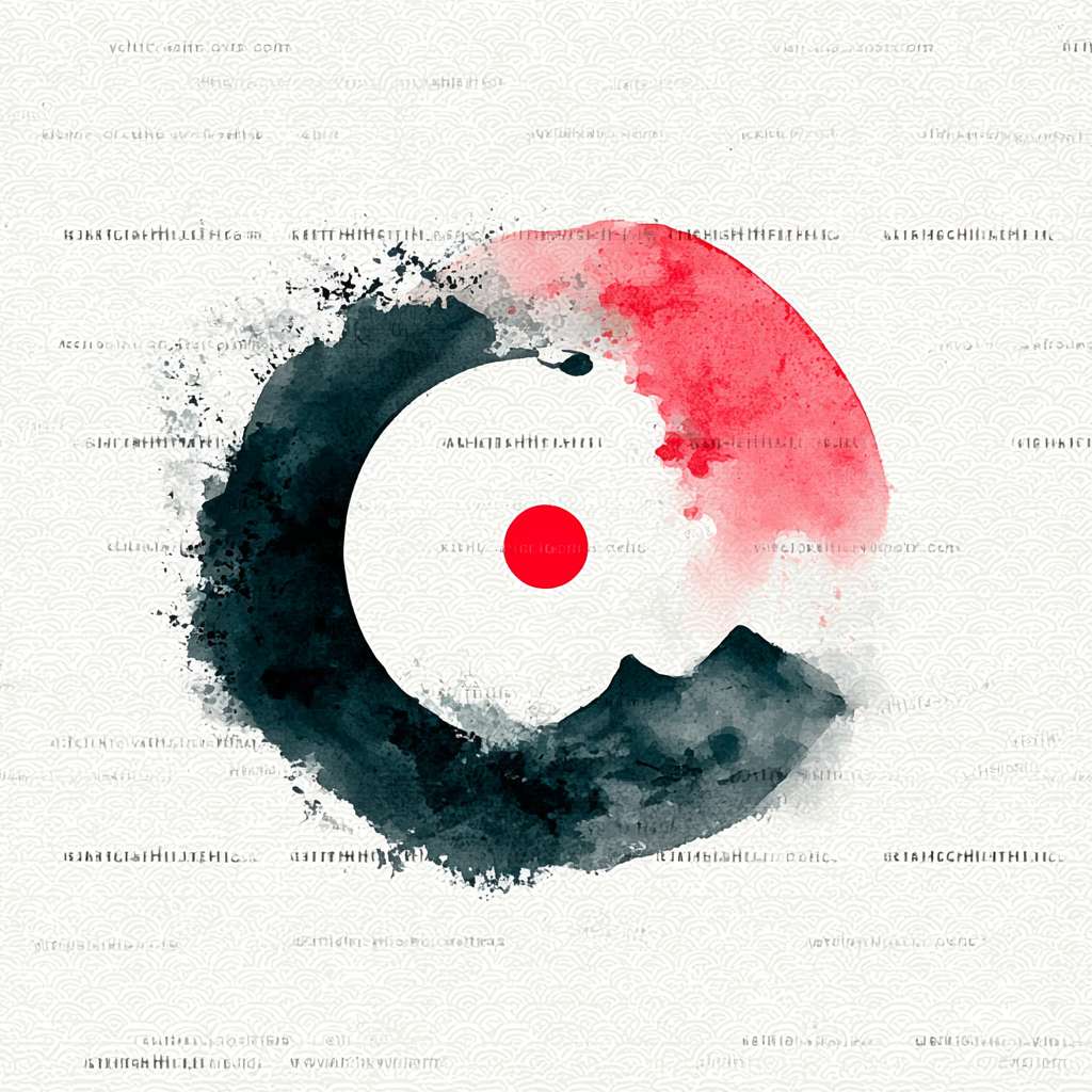 "Circular logo, a minimalist ink-wash Tai Chi symbol in cyan and black, surrounded by faint mountain silhouettes, red dot in Tai Chi center, white background, Chinese Zen style, clean and serene, no text, high resolution, vector style, no text, no watermark" --ar 1:1 --v 7 --stylize 100 --fast