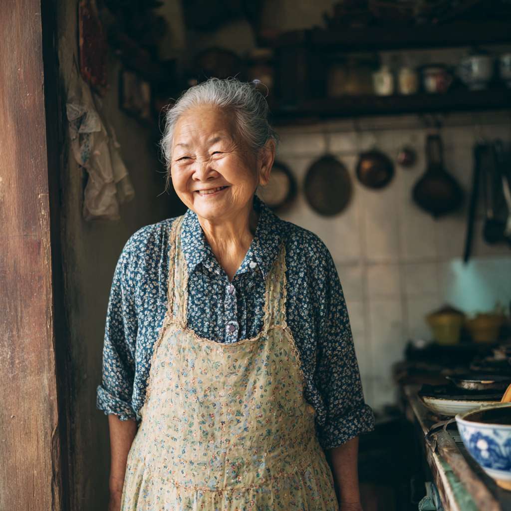 奶奶系着围裙从屋里走出，脸上是慈祥的笑容，在围裙上擦了擦手，向多多走去 --ar 1:1 --v 7 --stylize 100 --fast --no 水印