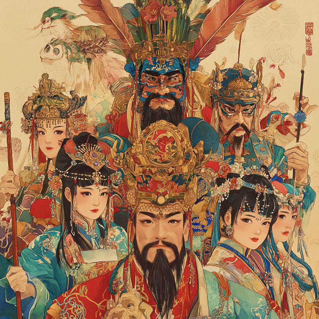 请帮我生成一组杨柳青非遗年画组图，png格式，不少于五张，图像分辨率300dpi以上，尺寸不小于1024乘768，用AI赋能非遗的经典故事、文化内涵、创意生成，提升非遗的传播力与影响力。要有创意，使人物活起来，年画创意，展示非遗特色 --ar 1:1 --v 6.1 --stylize 100 --fast