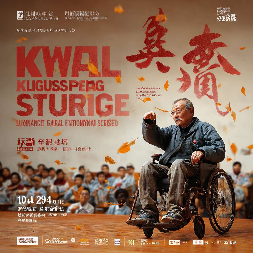"一位瘦削的老人坐在轮椅上演示传统武术‘寸劲’，枯瘦的拳头击穿空气。他手中展开一本泛黄修补的拳谱，墨迹晕染的名字旁画着笑脸。聚光灯照亮学校讲台，背景是‘红色基因传承讲座’横幅。窗台的干艾草被掌声震落，飘散在他周围。穿蓝白校服的学生们专注凝望，有人挺直腰背。怀旧棕褐色调，电影级光影，飘落的艾草带动态模糊，4K写实。" --ar 1:1 --v 7 --stylize 100 --fast --no 水印