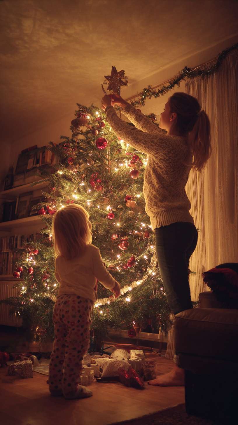 2室内圣诞树顶挂星星，妈妈托举孩子，树身缠绕彩灯，地面有未挂的袜子装饰，镜头从下往上推，温馨写实风妈妈和孩子都金发 --ar 9:16 --v 7 --stylize 100 --fast --no 水印