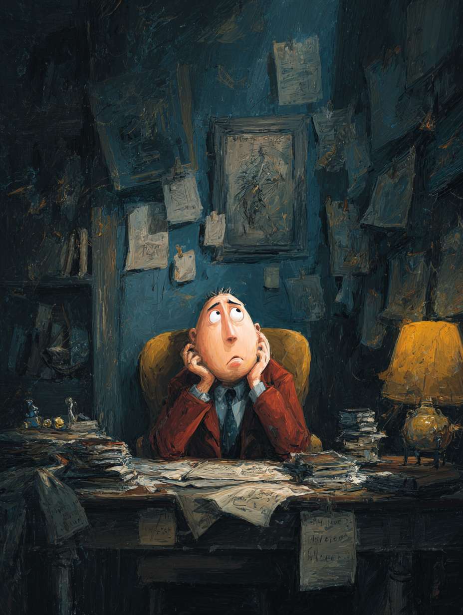 职场的烦躁人 --ar 3:4 --v 7 --stylize 100 --fast --no 水印