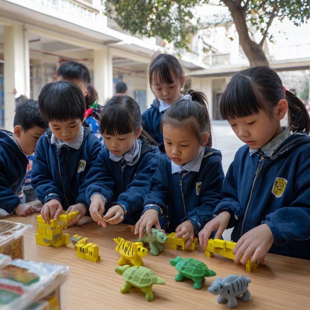 一班小六穿校服的學生們在校園裡圍成一個半圓形，以卡通的風格展示穿山甲、老虎、水獺、熊貓、飛鼠、龜等等的瀕危物種，讓學生們一起將積木併上瀕危動物圖案上 --ar 1:1 --v 7 --stylize 100 --fast --no 水印