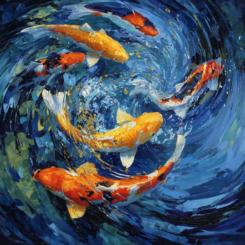 Dynamic blue water scene with swirling color bursts, koi fish in vivid hues, brushwork blending abstraction and detail, lively energy, abstract. --ar 1:1 --v 7 --stylize 100 --fast