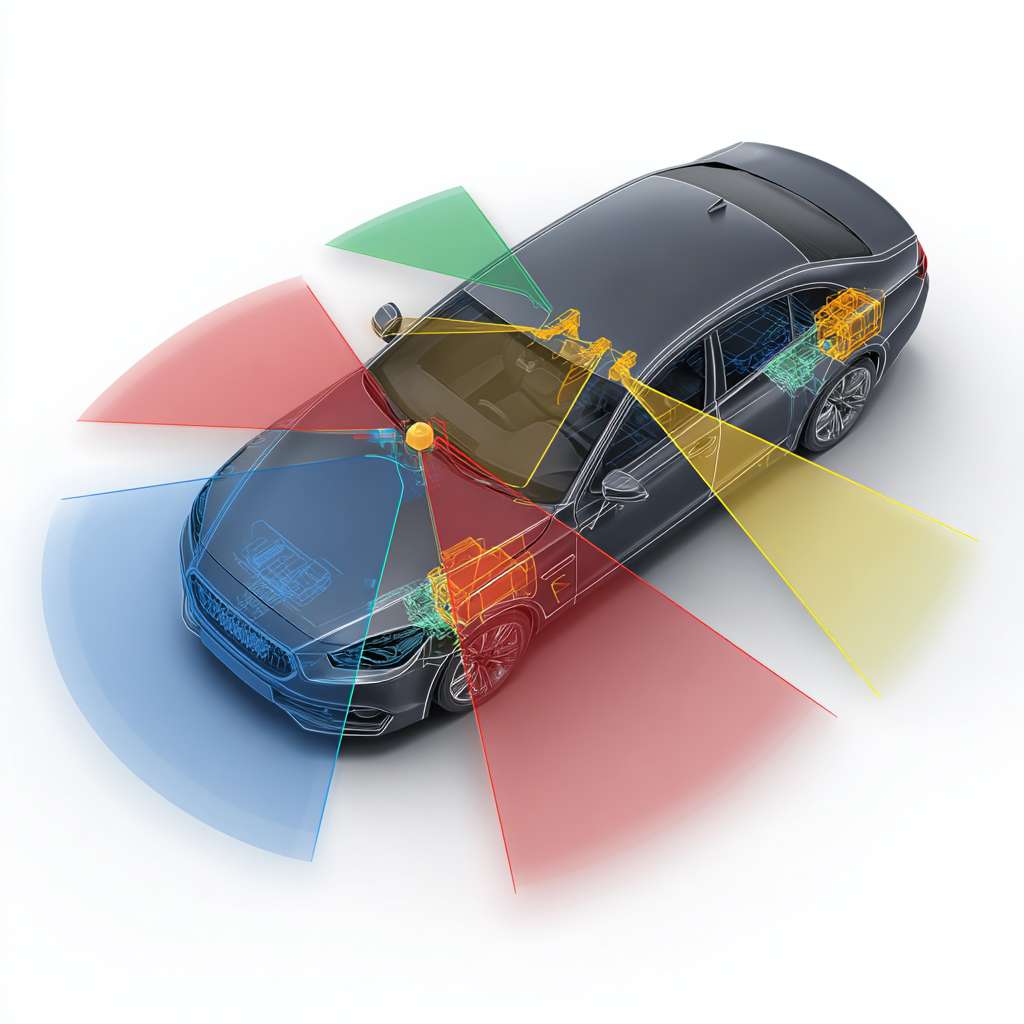 Top-down view of a car with four lidar sensors: one rotating cylinder on roof, two small cubes on front bumper and side mirrors, one on rear bumper. Show colored semi-transparent detection zones (blue 360° circle, green/yellow/red fan-shaped areas). Isometric technical illustration, clean lines, white background. --ar 1:1 --v 7 --stylize 100 --fast