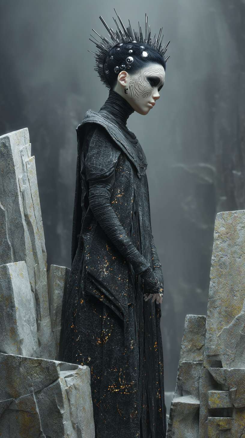 Full-body shot of a dark entity standing atop fractured stone monoliths in a derelict sanctuary, East Asian figure with spectral pale skin etched with luminous amber fractures. Severely angled black hairstyle pinned by metallic spikes, smokey graphite eyeshad --ar 9:16 --v 7 --stylize 100 --fast