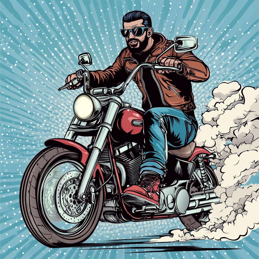 Vintage comic book style, muscular man riding a Harley-Davidson, cartoonish oversized head (like 'The Mask' movie), wearing a leather biker jacket, AJ11 'Concord' sneakers, smoke and speed lines background, halftone dots texture, 90s hip-hop vibe." --ar 1:1 --v 6.1 --stylize 100 --fast
