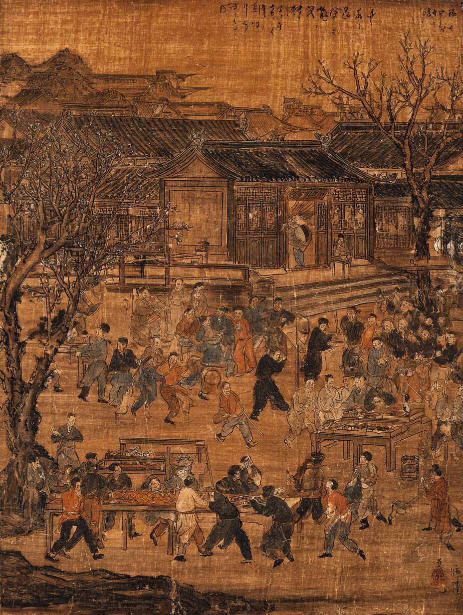 宋代酒肆、蹴鞠场和说书场同时发生冲突，人群混乱，桌椅损坏，宋代市井文化表现，动态构图，棕色调 --ar 3:4 --v 7 --stylize 100 --fast --no 水印