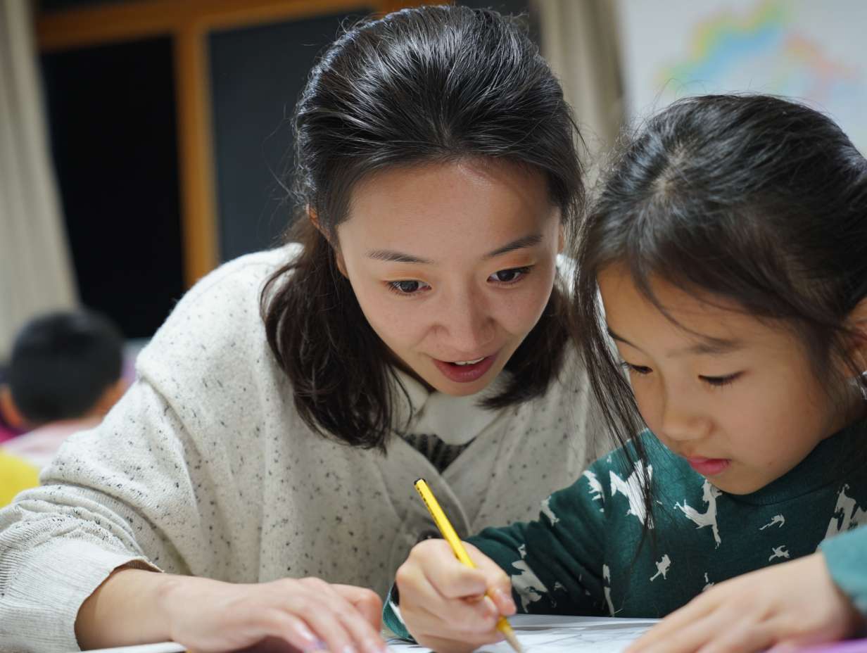 家教老师 女 温柔知性 端庄贤淑  在室内 学生家 一个学生 指导学习 正面镜头 两个人都在画面里 --ar 4:3 --v 7 --stylize 100 --fast --no 水印