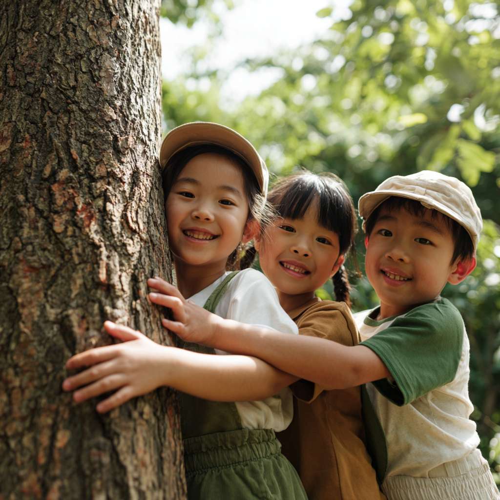 三位大約十至十一歲的小學生圍繞著一棵大樹，雙手輕觸樹幹，開心自然的笑容，感受大自然的氣息。陽光穿過樹葉灑下，光線柔和自然，背景是森林或公園環境，氣氛平靜、溫暖、真實。真實攝影風格，運動服整潔，構圖自然，穿著整齊的運動服，不要戴帽子。 --ar 1:1 --v 7 --stylize 100 --fast --no 水印
