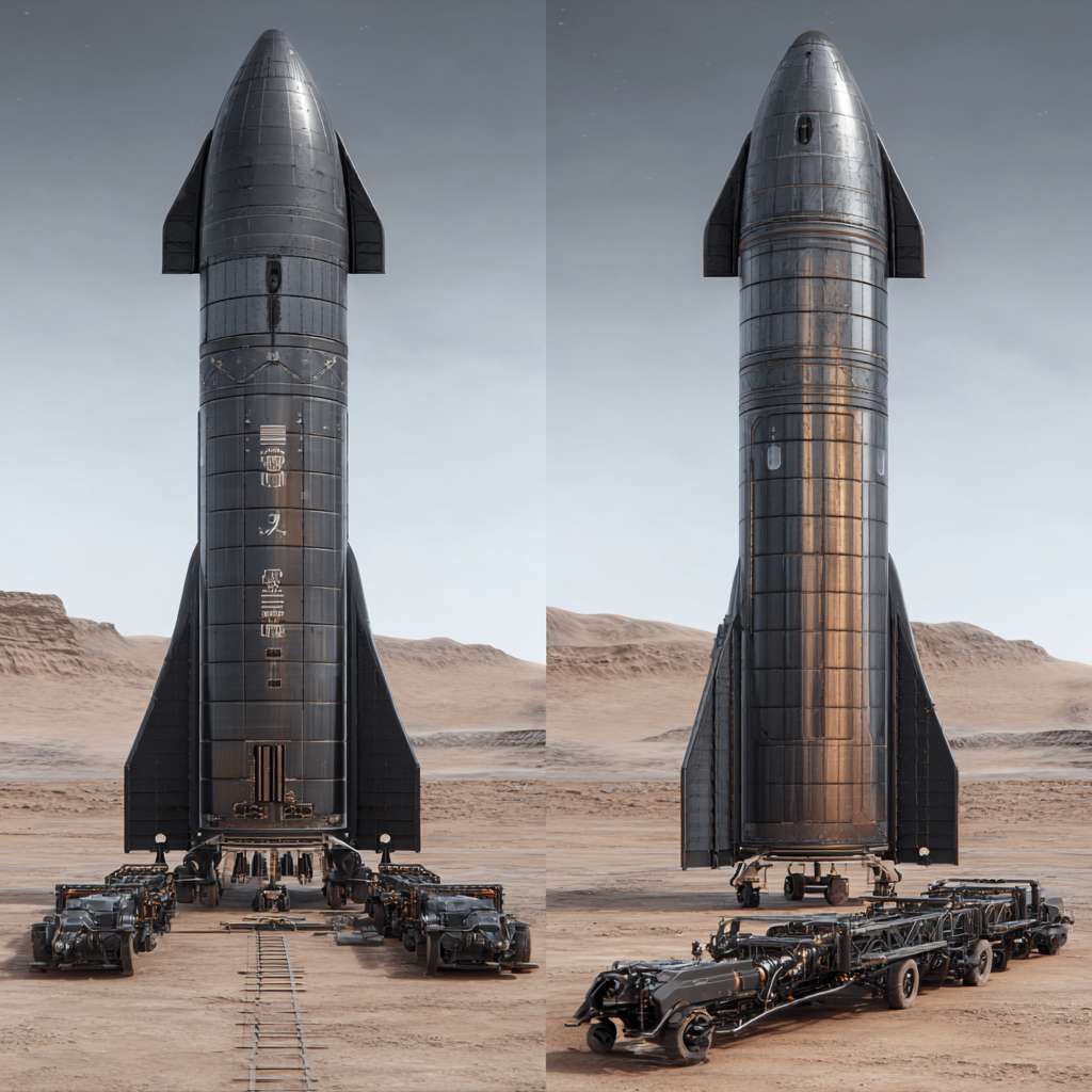 设计一款火星地表飞行器，4台火箭发动机在正下方，2台火箭发动机在侧边呈180度布置 --ar 1:1 --v 7 --stylize 100 --fast --no 水印