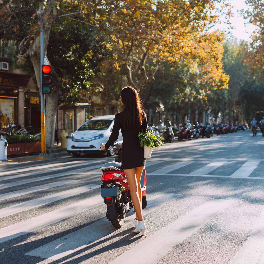 市普通的红绿灯十字路口，正在等绿灯，路口人很少，只有斜对面路口几个少年，有男孩有女孩，对面路口还有辆白色的车，看不起里面司机，到路两旁绿化树挺高叶子挺密，金秋十月，一位骑着电动车一只脚在踏板上，一只脚在地上，停车等绿灯，身穿连衣开叉中短裙，薄薄的肉色丝长袜，紧身庄重得体，脚穿白色高跟高跟鞋的 33 岁的女士，电动车前筐放着刚买的蔬菜，，一只手扶着把，一只手准备做摘头盔的动作，面朝拍摄角度微笑从脚和腿的低角度视角看到全部场景，女性全身入镜，不是局部，全景图能看到周边的绿化和店面，远处的路口和车辆 --ar 1:1 --v 7 --stylize 100 --fast --no 水印