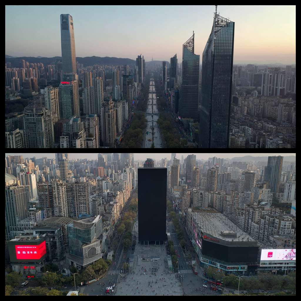 画面是整个城市的全景，城市里高楼林立，城市的中间有一个单独矗立巨大的LED屏幕，屏幕一开始是黑的，不起眼的。 --ar 1:1 --v 7 --stylize 100 --fast --no 水印