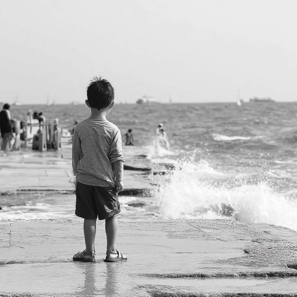 一个小孩充满希望的看着前面的海洋 --ar 1:1 --v 7 --stylize 100 --fast --sref https://img-xpc-mj0.xpccdn.com/prod/upload/b1ccb732-b4f3-438a-b91d-89940b79f26e/20250223_114455.jpg~tplv-5yakomv5zn-auto-v1%3A1024%3A0%3Aq75.jpg --no 水印