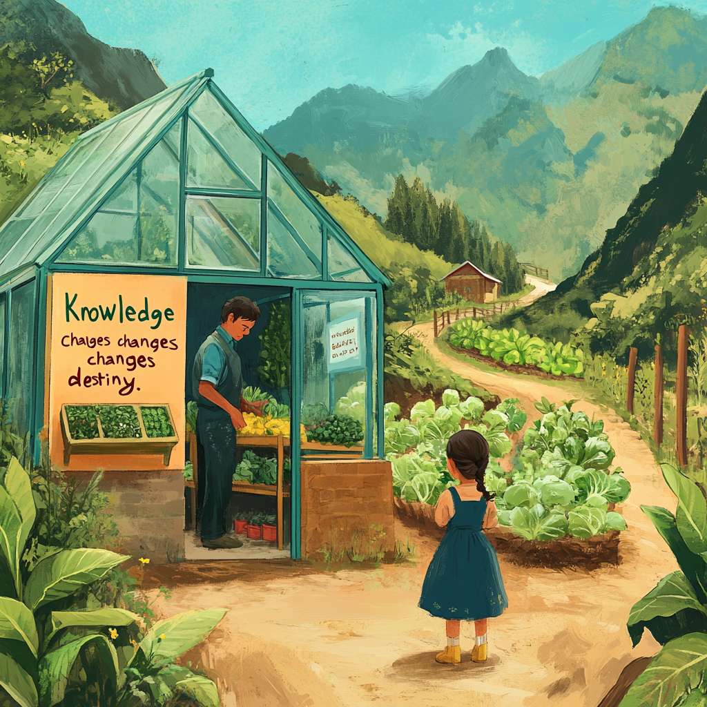 场景：小山村逐渐有了变化。
角色：
农民正在田里劳作，身后是一片绿油油的庄稼。
小女孩在新建的学校教室里上课，窗外可以看到新修的公路。
细节：
农民身后有一个小型的温室大棚，里面种满了蔬菜。
教室里有现代化的教学设备，墙上挂着“知识改变命运”的标语。
山坡上有一些新种的果树。
色彩：整体色调更加明亮，绿色和蓝色为主，象征生机和希望。 --ar 1:1 --v 6.1 --stylize 100 --fast