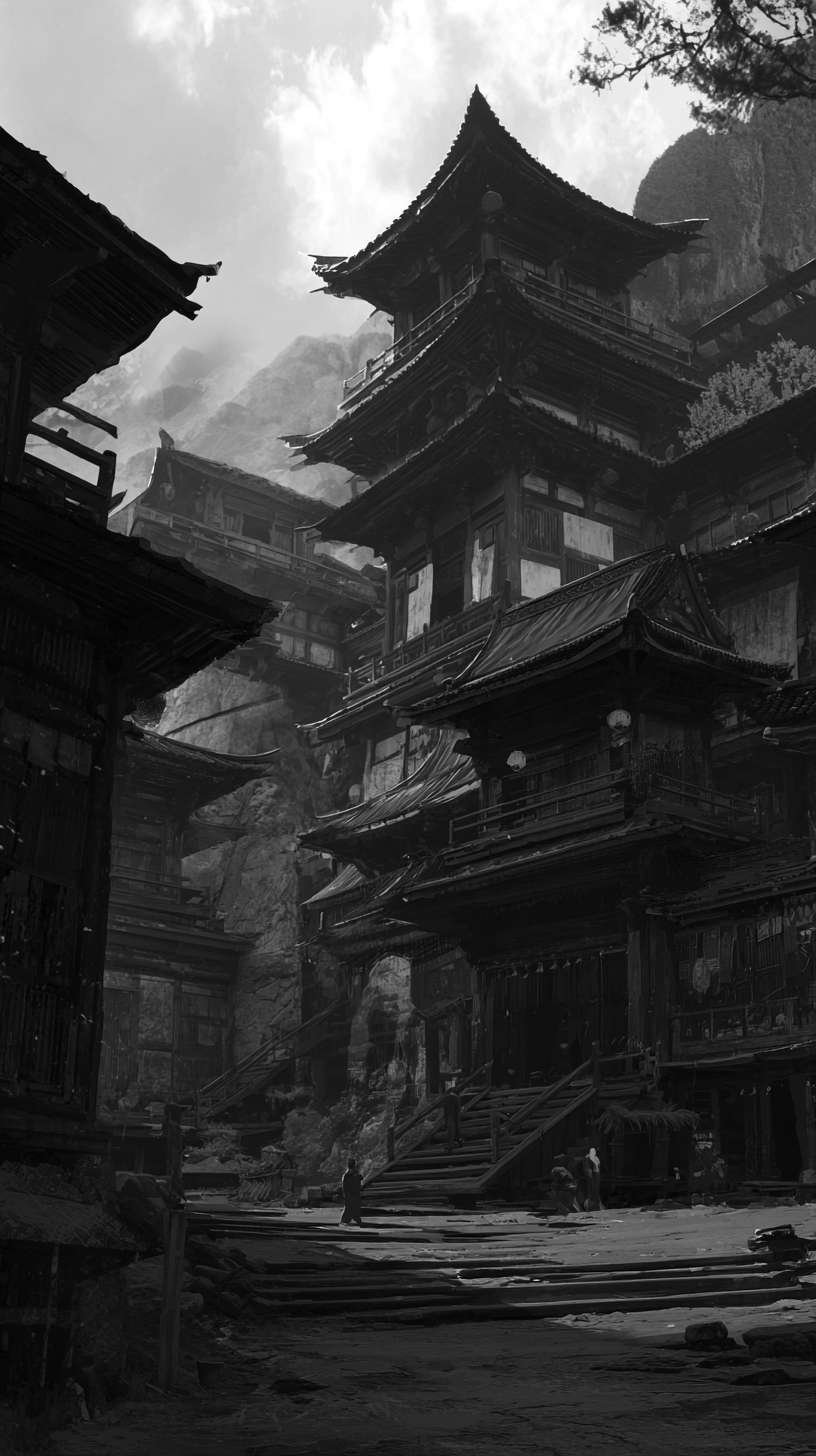 给我一张新手村，黑白水墨风，游戏背景，不需要文字 --ar 9:16 --v 7 --stylize 100 --fast --no 水印