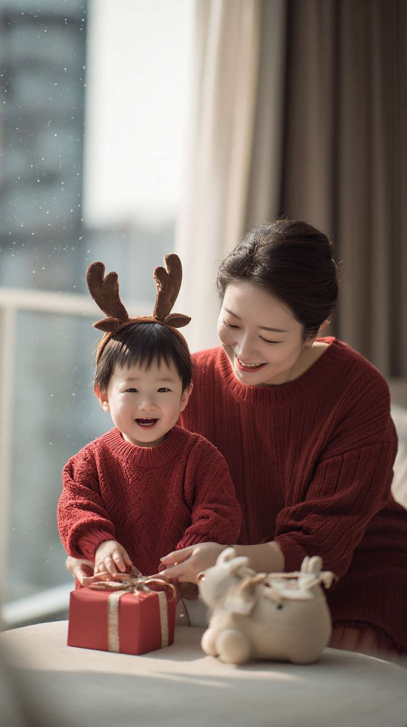 1温馨家庭客厅，暖黄色灯光，圣诞装饰盒散落，妈妈穿红色毛衣，孩子戴鹿角发箍，窗外飘雪，写实风格，8K --ar 9:16 --v 7 --stylize 100 --fast --no 水印