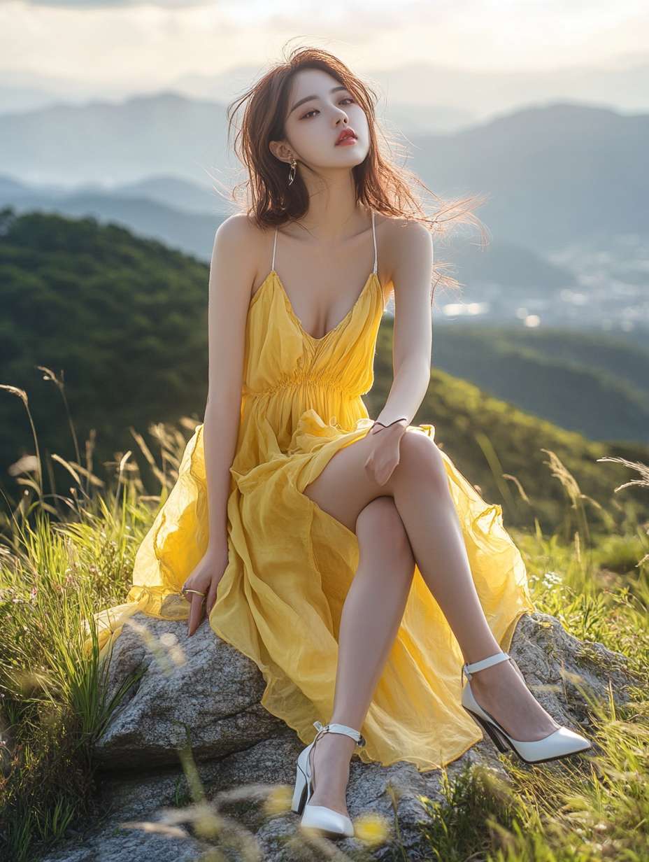prompt：**Shot by Sony a7iv, Korean beauty, sitting on a stone at the
top of the
mountain, yellow dress, white high heels, wind hair, real --ar 3:4 --v 6.1 --stylize 100 --fast