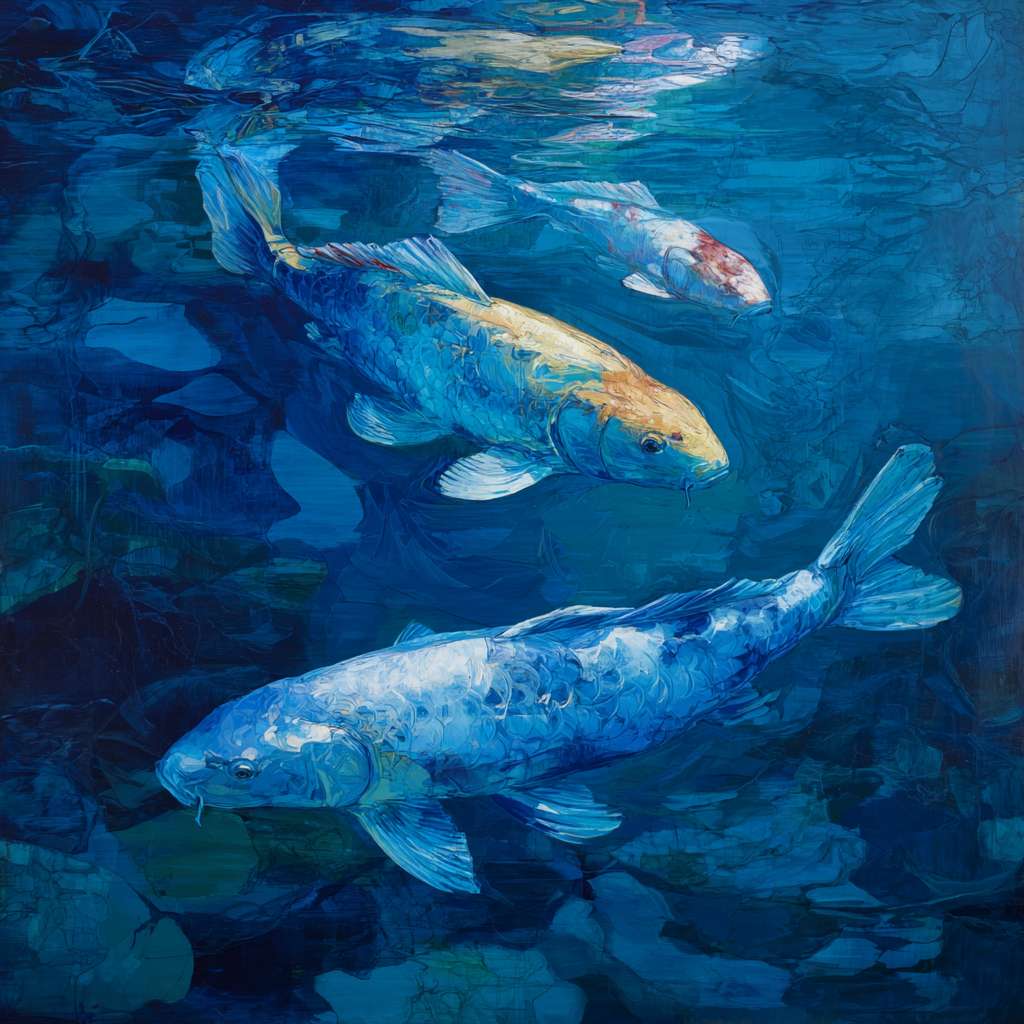 Dreamy depths in cobalt blue, iridescent light creating kaleidoscopic patterns, koi in agile motion, expressive strokes for water and fish, oil. --ar 1:1 --v 7 --stylize 100 --fast