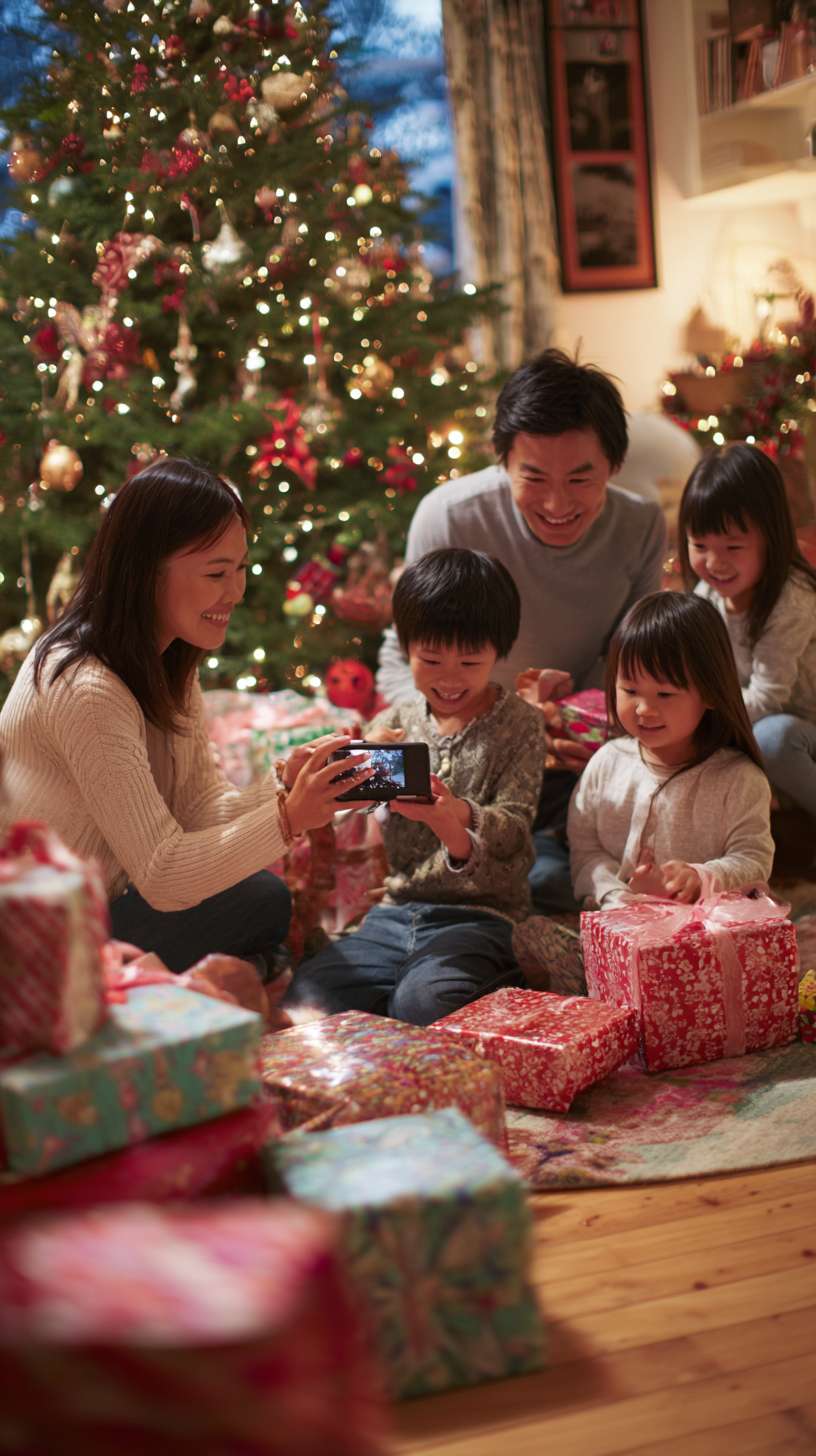 5圣诞树亮灯，地毯上堆着彩色礼物盒，爸爸递礼物给孩子，妈妈举着相机拍照，镜头环绕拍摄，温馨氛围欧美家庭 --ar 9:16 --v 7 --stylize 100 --fast --no 水印