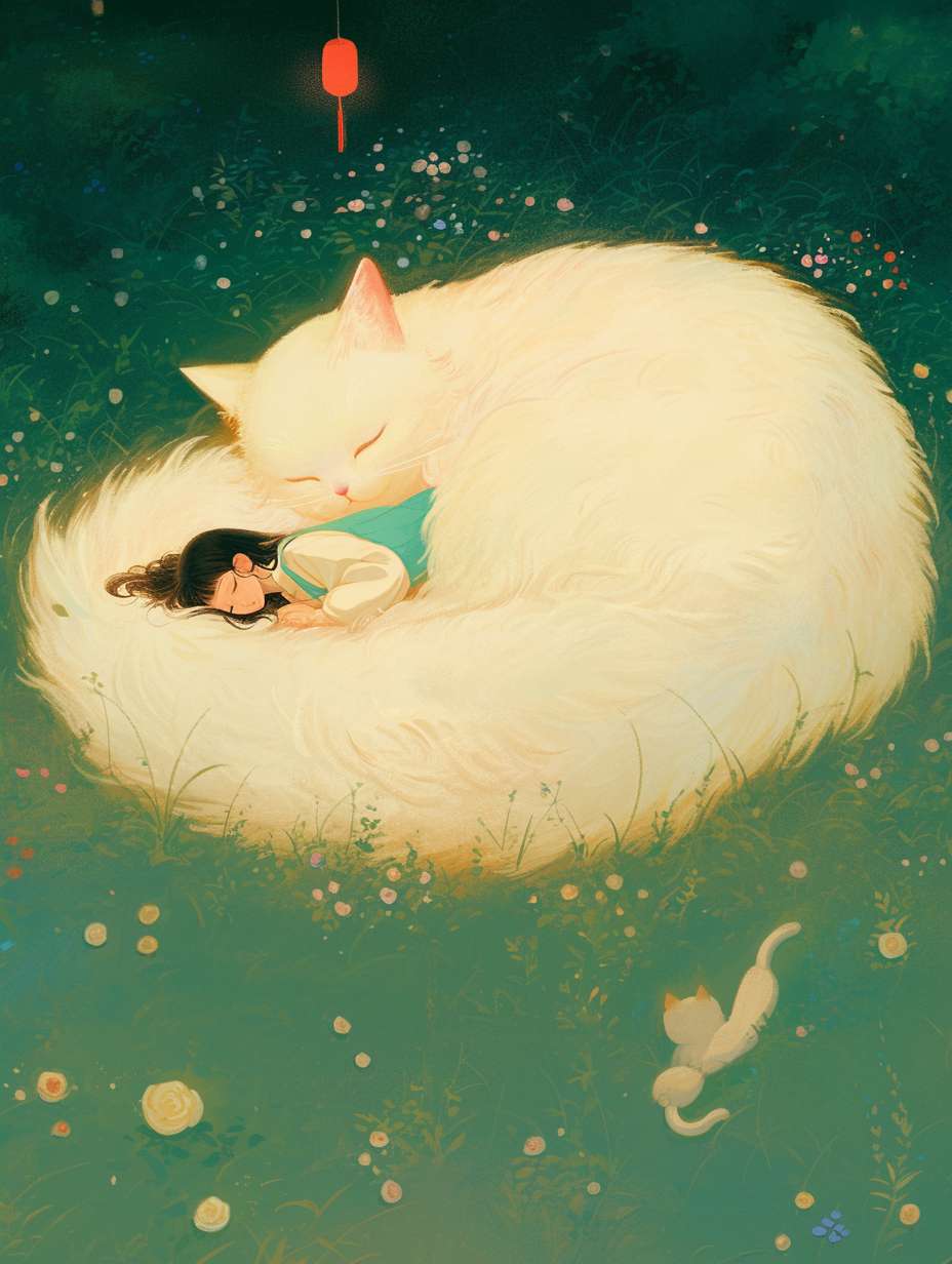 hsiao - ron cheng,in the style of rococo pastel colors,At night,in a vast green grassland, the wind blows through the grass and the grass is rolling like waves. A girl is lying on a very very huge cat. A super huge white cute cat, there is a warm lamp next to the girl and the cat, which illuminates the girl and the cat, mysterious imagination, beauty, in a wilderness grassland, the wind blows down the grass, there are blooming roses in the grass, the contrast between light and dark is strong, the mood is Happy and relaxing, exquisite details, macro lens， large panorama --ar 3:4 --stylize 100 --fast --niji 6