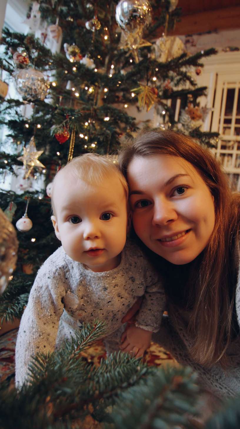 2圣诞树顶挂星星，妈妈托举孩子，树身缠绕彩灯，地面有未挂的袜子装饰，镜头从下往上推，温馨写实风妈妈和孩子都金发，妈妈轧丸子头 --ar 9:16 --v 7 --stylize 100 --fast --no 水印