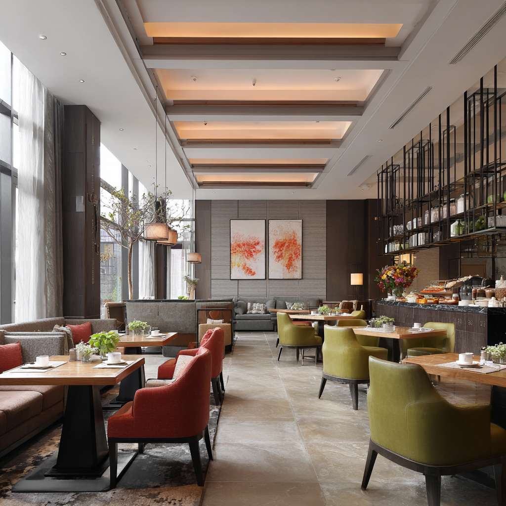 帮我做五张汉庭真实酒店餐厅早餐宣传实拍照片 --ar 1:1 --v 7 --stylize 100 --fast --no 水印