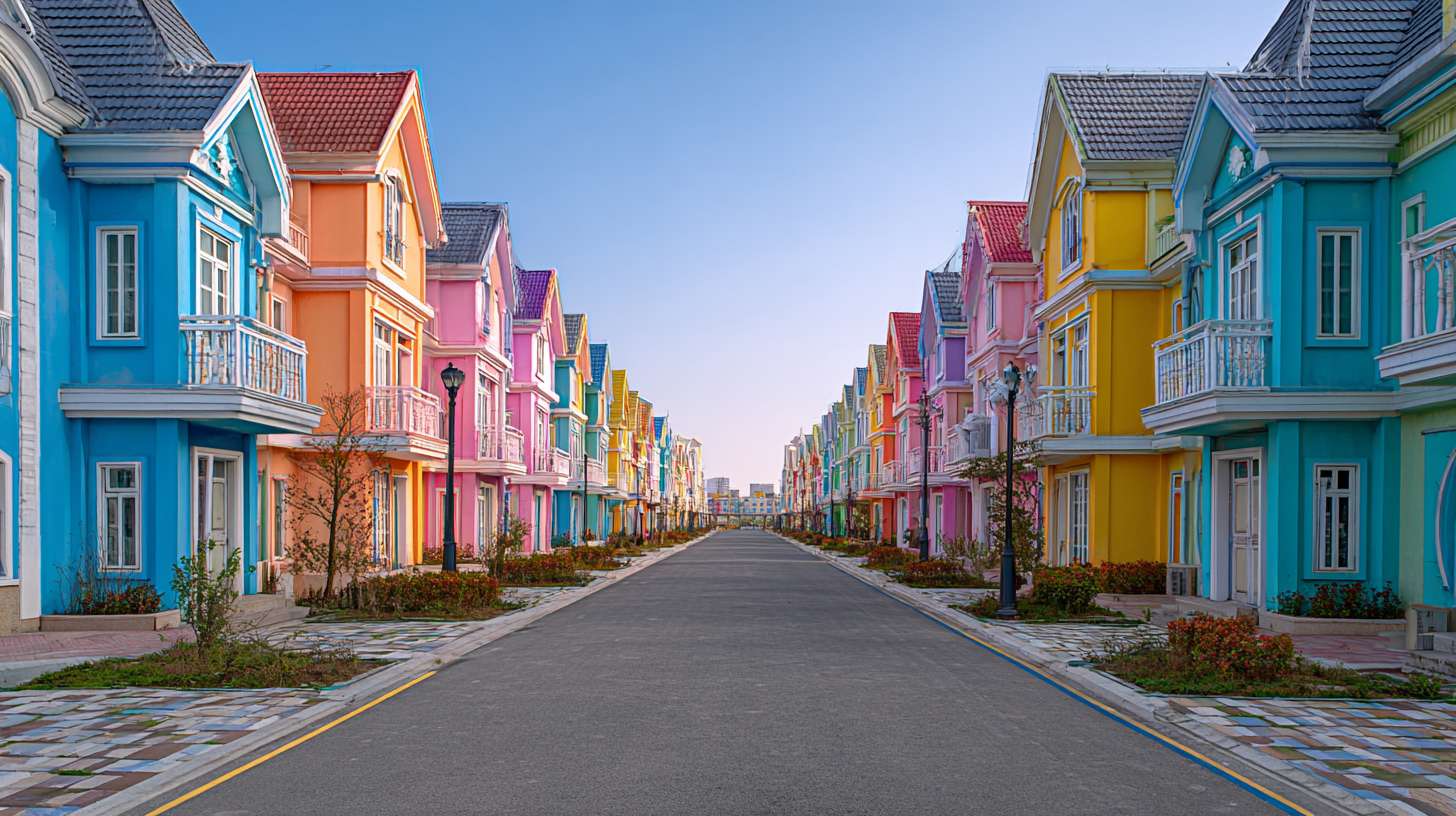 街道景观，中间是沥青路面，两侧是高低搭配的一二层建筑，建筑颜色搭配美观，童话世界的样式， --ar 16:9 --v 7 --stylize 100 --fast --no 水印
