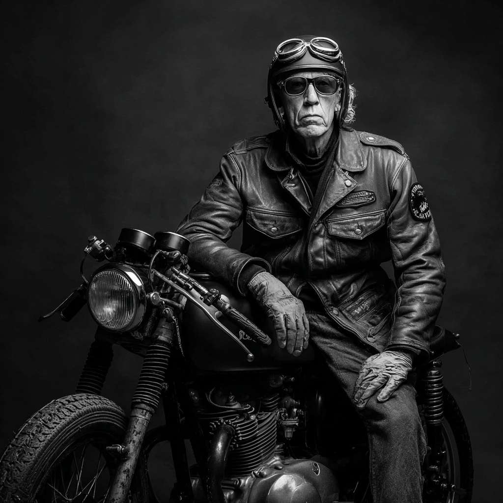 基于这张图片，换成成年男性，机车风格 --ar 1:1 --v 7 --stylize 100 --fast --no 水印