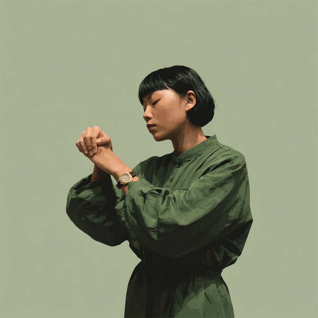 A picture of an Asian person peacefully slapping their cubital fossa --ar 1:1 --v 7 --stylize 100 --fast