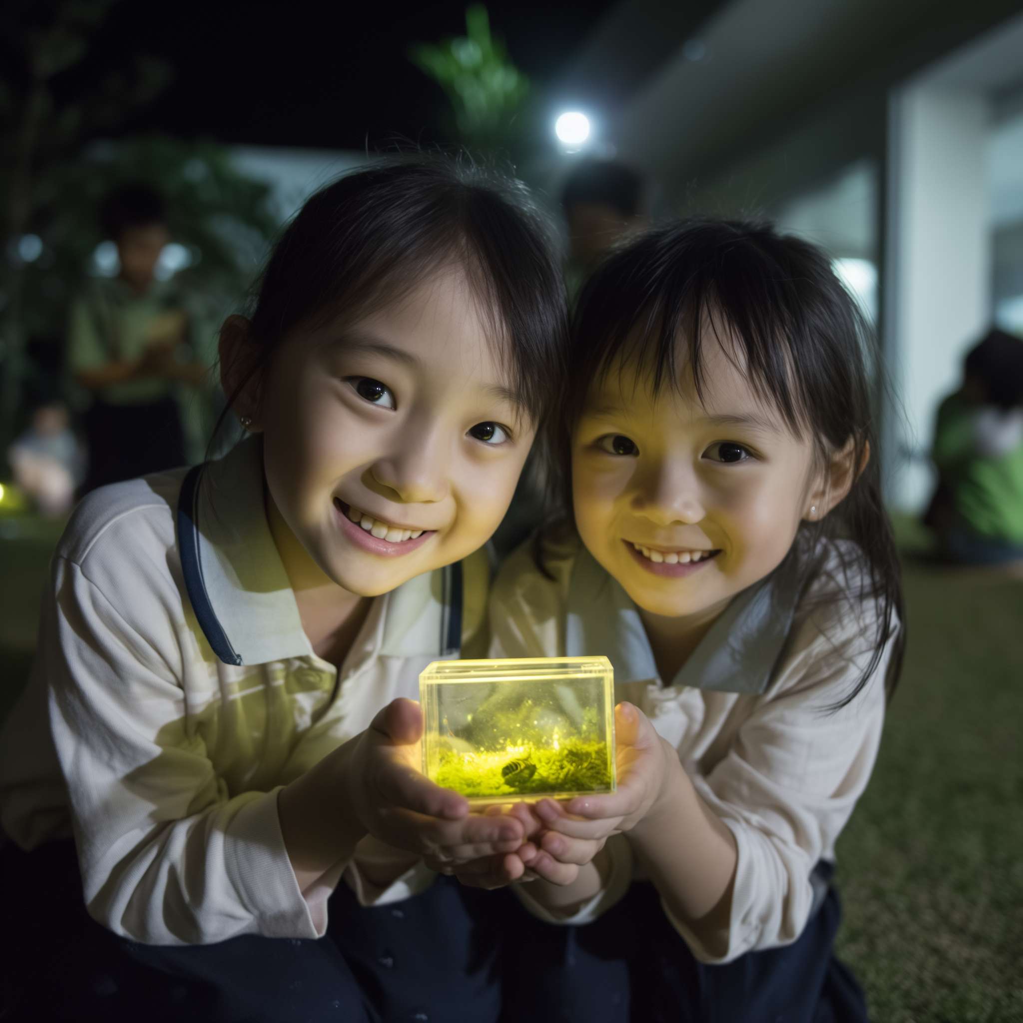 有2位穿著校服的華人小學生開心的表情雙手托起一個螢火蟲的正方體透明小盒子，盒子內的螢火蟲在青苔上發光 --ar 1:1 --v 7 --stylize 100 --fast --no 水印