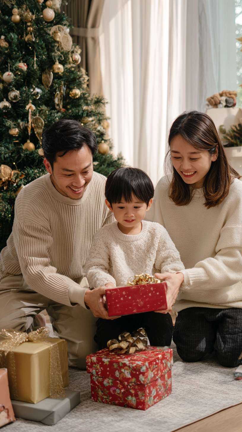 5圣诞树亮灯，地毯上堆着彩色礼物盒，爸爸递礼物给孩子，妈妈举着相机拍照，镜头环绕拍摄，温馨氛围欧美家庭 --ar 9:16 --v 7 --stylize 100 --fast --no 水印
