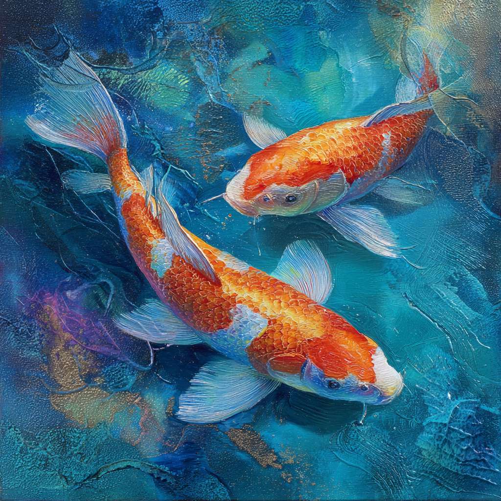 Surreal koi swimming amid blue water and colorful light splashes, 粗笔触 for waves, 细笔触 for iridescent details, lively oil. --ar 1:1 --v 7 --stylize 100 --fast --no 水印