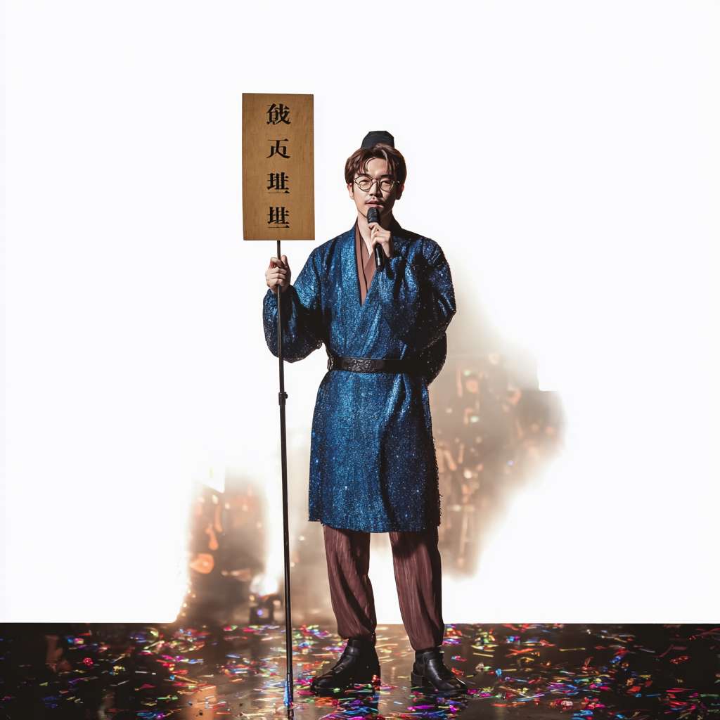 https://img-xpc-mj0.xpccdn.com/prod/upload/6e1f9e4c-dae4-43de-88af-7c5f3e5746cf/nyAgSfchlC.png~tplv-5yakomv5zn-auto-v1%3A1024%3A0%3Aq75.jpg 站在舞台上，左手拿着麦克风 --ar 1:1 --v 7 --stylize 100 --fast --iw 1 --no 水印