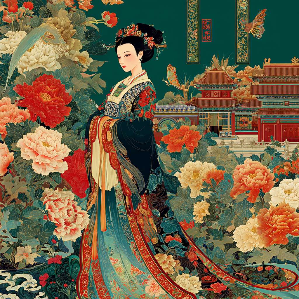 唐朝仕女, 全身像,矢量图, 牡丹花，蝴蝶，皇宫院落，极端的复杂性, 中国唐代永乐宫画, 刺绣 --ar 1:1 --v 7 --stylize 100 --fast --no 水印