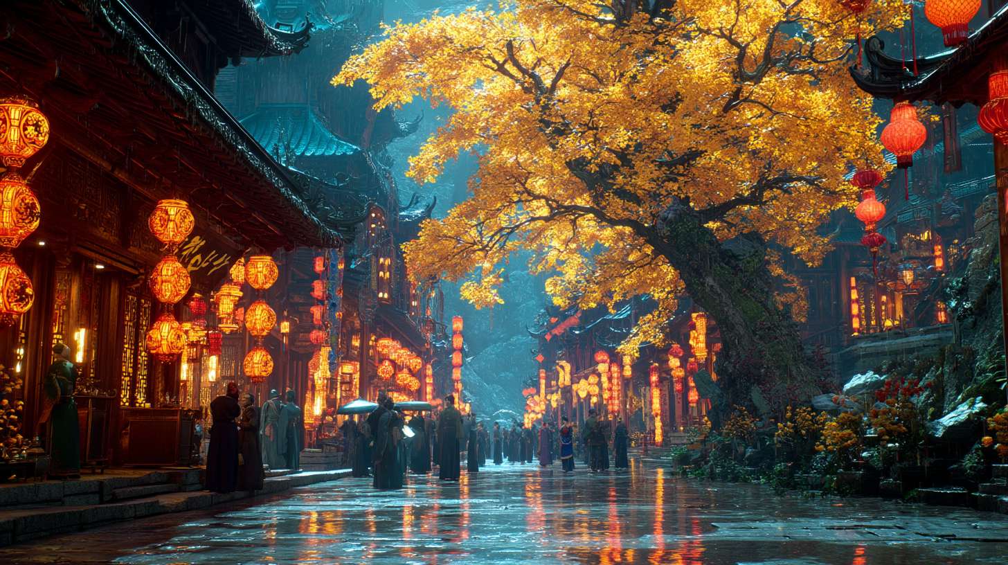 Unreal Engine 5 rendering, in this awe-inspiring panorama of the Great Tang Dynasty's golden age, the composition centers on the bustling Vermilion Bird Street of ancient Chang'an city, where streams of horses and carriages flow endlessly, with tang citizens and foreign merchants jostling in vibrant crowds, camel caravans laden with goods moving slowly through the scene, flanked by vermilion wooden structures with fluttering wine banners and shop signs creating dynamic patterns, lanterns hanging high under the eaves, at dusk, the sky is painted with warm golden sunset clouds, blending brilliantly with the red walls and green tiles of the architecture, the color palette dominated by rich gold and vermilion hues, accentuated by jade green and sapphire blue from merchant silks, while lanterns emit warm yellow glows, making the entire scene resplendent and dazzling, the lighting effects show remarkable depth, the sunset's afterglow drapes buildings in golden veils, lantern light spots dance on the bluestone pavement, camels and pedestrians cast elongated silhouettes, warm candlelight shines through shop windows, merging with the twilight clouds into a flowing radiance, the whole street is filled with lively atmosphere, camel bells echoing and human voices buzzing, perfectly recreating the cosmopolitan splendor of the Tang Dynasty that attracted myriad nations. --ar 16:9 --v 7 --c 20 --quality 4 --stylize 100 --fast