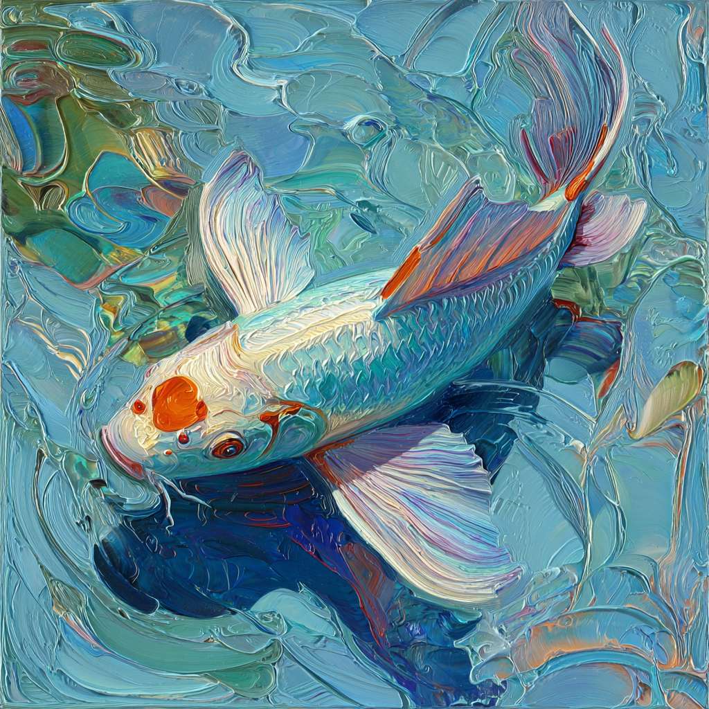Surreal koi in blue water amid colorful light ripples, thick impasto for waves, thin lines for scales, oil. --ar 1:1 --v 7 --stylize 100 --fast