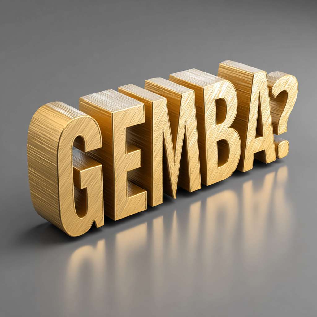 用 "What is GEMBA?"（不改变这句话的文字内容）输出一张图，金色背景，立体金色，输出比列为16:9 --ar 1:1 --v 7 --stylize 100 --fast --no 水印
