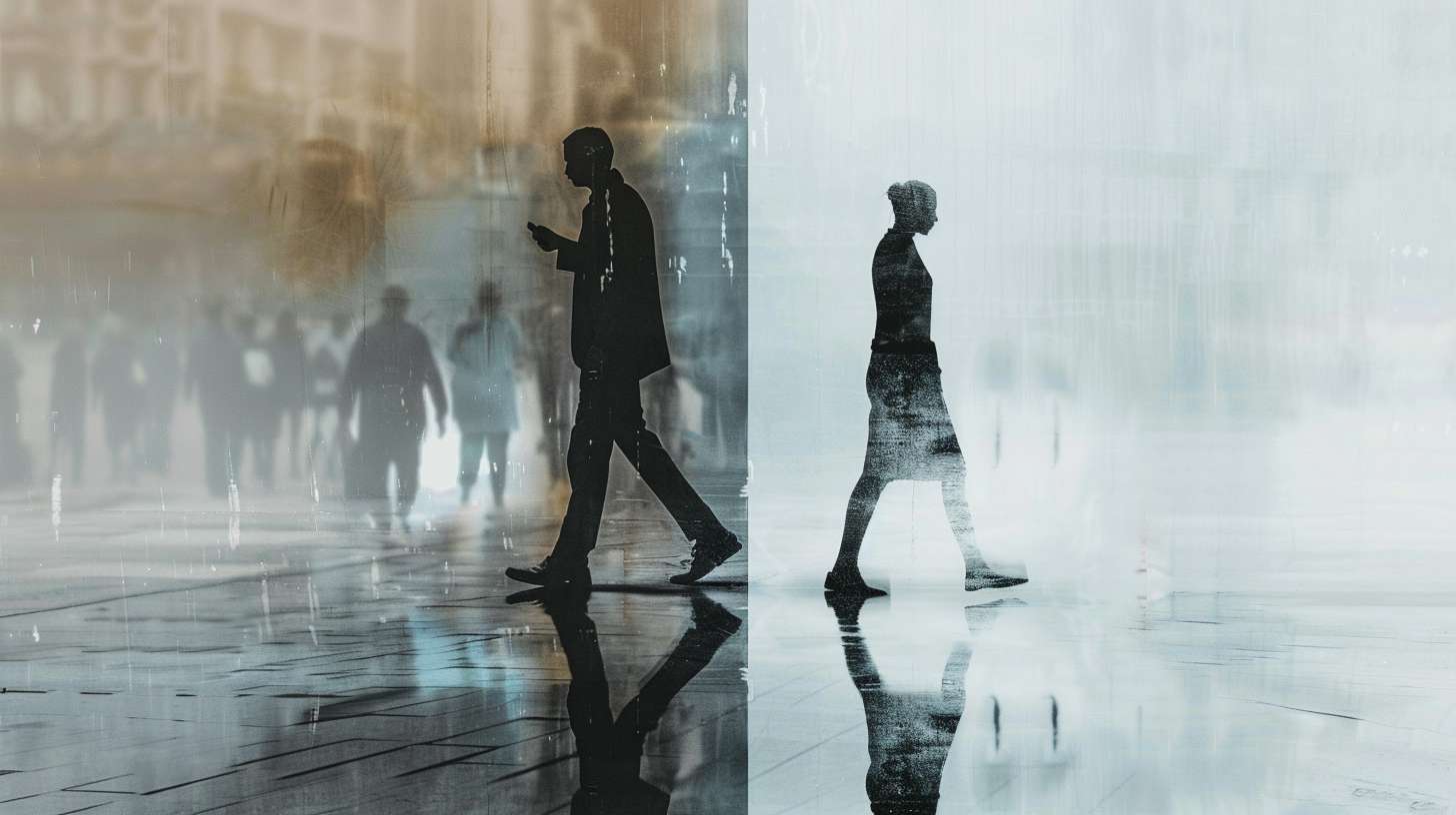 Split image: left side shows frantic businessman walking on phone, right side shows calm barefoot walker, blurred boundary between, no text, social commentary art --ar 16:9 --v 6 --stylize 100 --fast