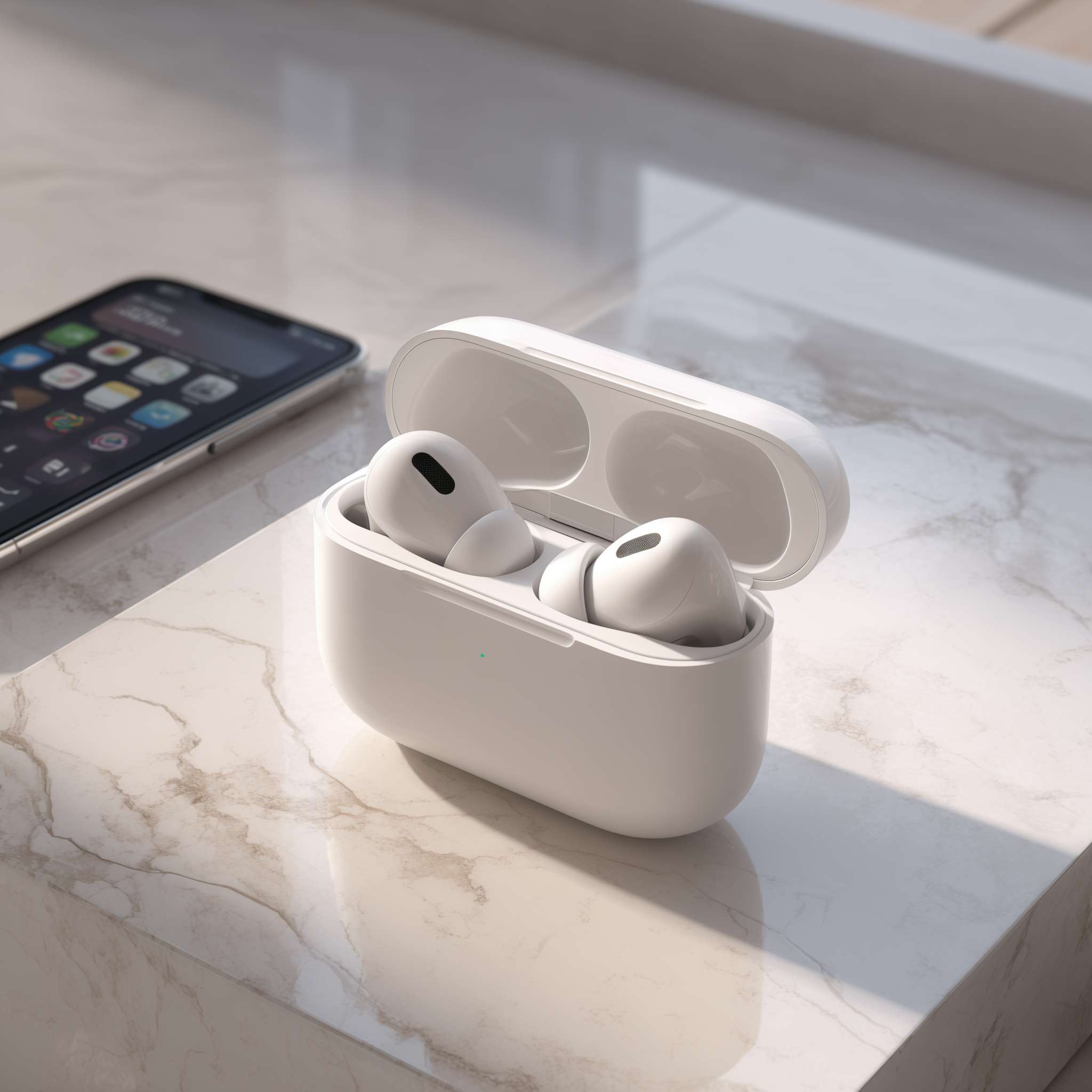 TWS耳机与充电仓
Prompt(英文): Product photography of sleek white TWS Bluetooth earphones nestled in a minimalist charging case on a marble background, clean design, soft lighting, hyper-realistic, 8k
中文描述: 产品摄影,纯白色时尚TWS蓝牙耳机置于极简风格的充电仓中,背景为大理石纹,设计干净,光线柔和,超现实主义,8K画质。
智能家居控制中心
Prompt(英文): A modern living room smart home ecosystem, a smartphone screen controlling a Bluetooth smart bulb, Bluetooth speaker, and smart thermostat, cozy afternoon light, stylish interior design
中文描述: 现代客厅智能家居生态系统,手机屏幕正控制着蓝牙智能灯泡、蓝牙音箱和智能恒温器,舒适的午后光线,时尚的室内设计。
智能穿戴与健康 --ar 1:1 --v 7 --stylize 100 --fast --no 水印
