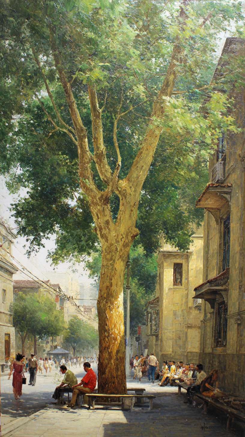 市民在树下休憩 --ar 9:16 --v 7 --stylize 100 --fast --no 水印