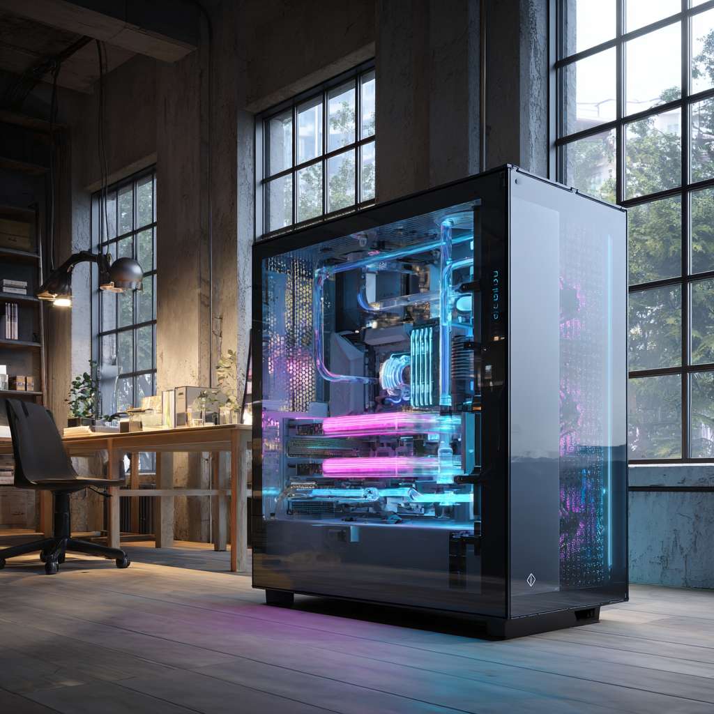 错了，机箱要海景房的样子，要放到电脑旁边。然后整体风格要像打游戏的，还要有灯光，时间是晚上。置物架要保留。 --ar 1:1 --v 7 --stylize 100 --fast --no 水印