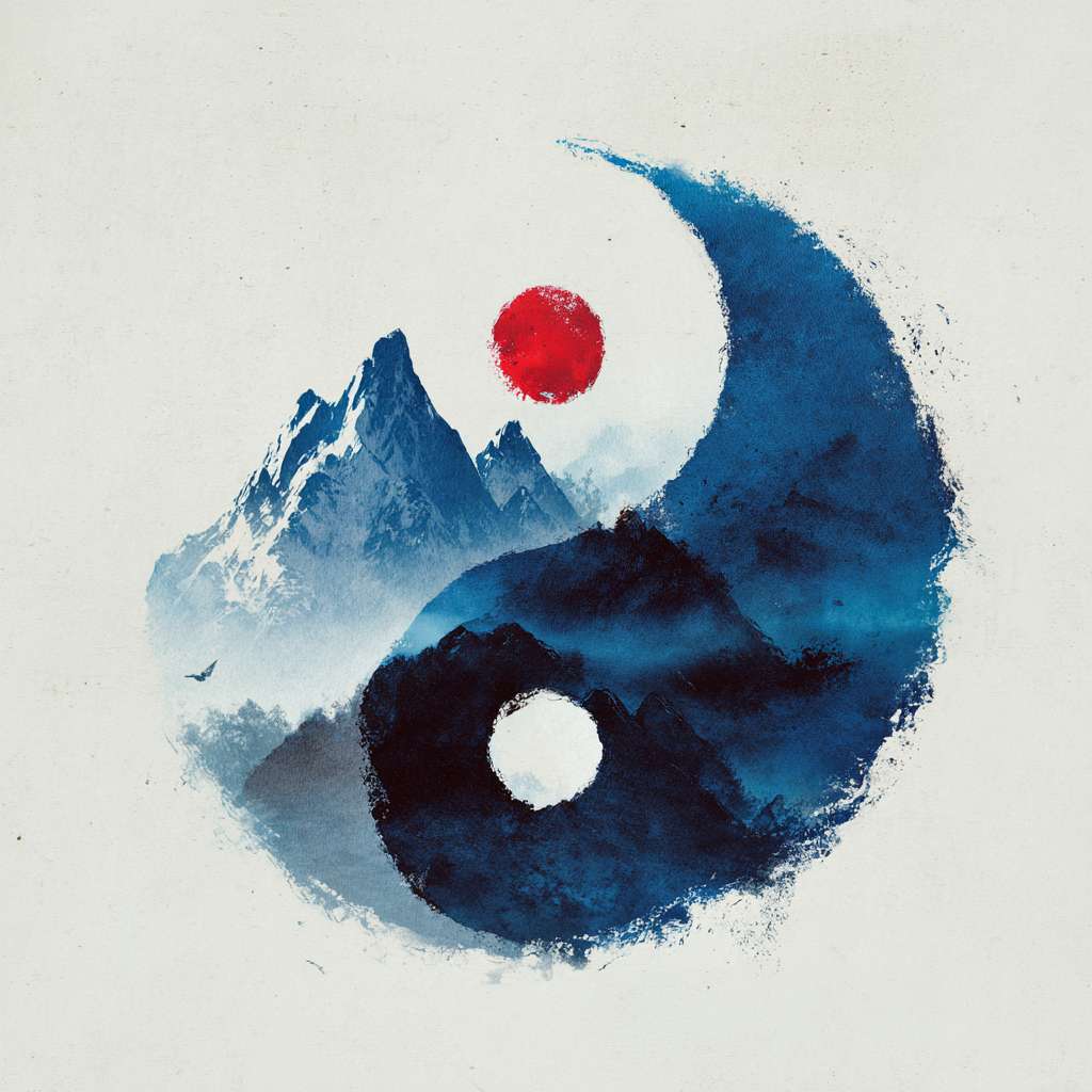 The circular logo adopts the traditional Chinese ink and wash Tai Chi symbol (not a circle), with alternating shades of blue, black, and white, surrounded by a hazy silhouette of a blue mountain range. There is a red dot in the center (only the red origin, symbolizing the sun), and the mountain range extends slightly from the imaginary part of Tai Chi, adding artistic conception. The image focuses on Tai Chi, emphasizing the balance of yin and yang and the combination of movement and stillness, with the mountain range as a supplement. The background is pure white, with a Zen style, simple design, no text, no watermark, high resolution, vector image, and white space at the edges of the image. Pay attention to the artistic conception of the image, and have a combination of movement and stillness --ar 1:1 --v 7 --stylize 100 --fast