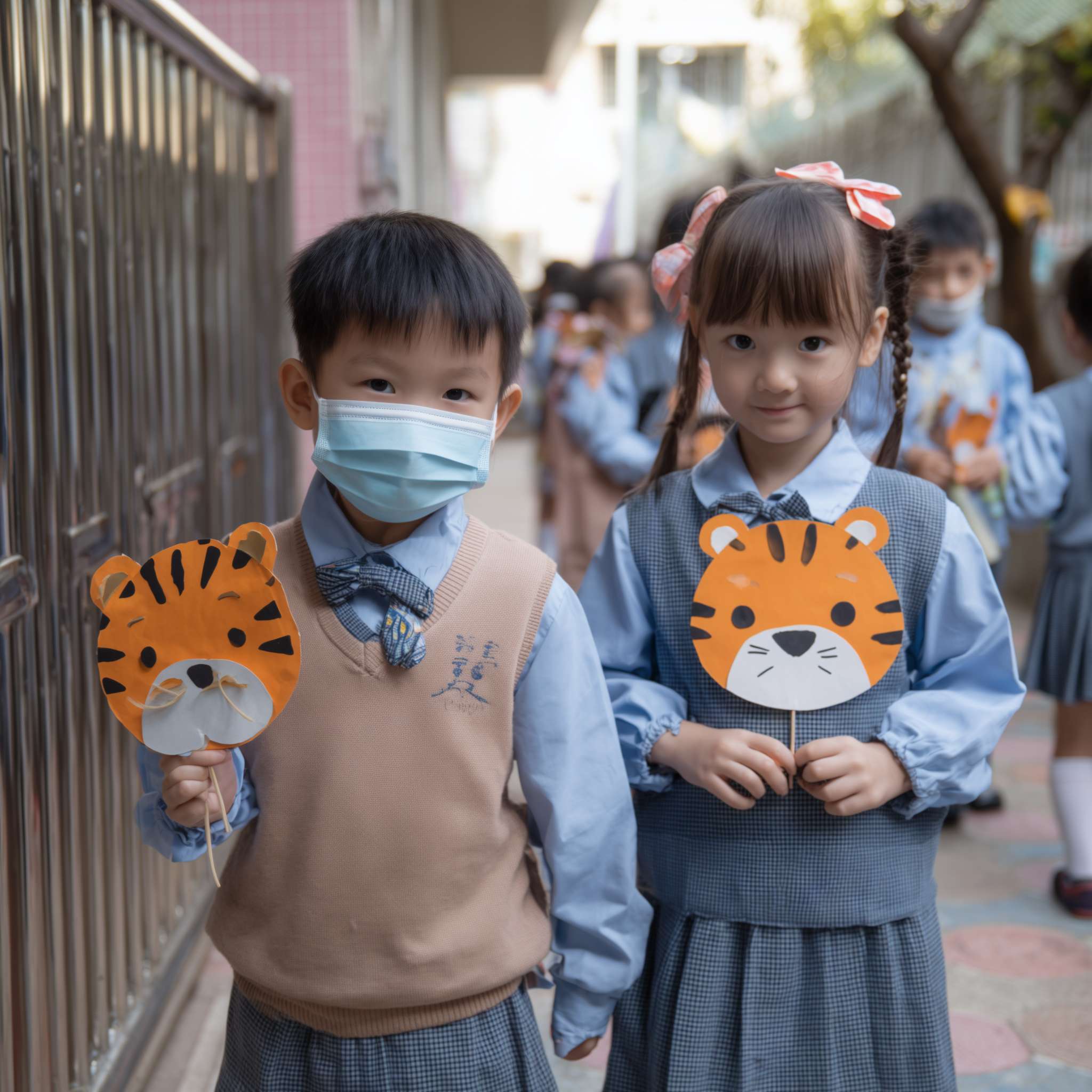 兩位小六穿校服的學生們在校園裡拿著一個以老虎及熊貓為主題的紙手工 --ar 1:1 --v 7 --stylize 100 --fast --no 水印